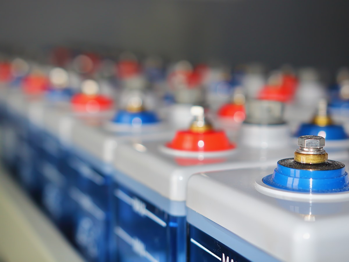 A bank of deep-cycle batteries with heavy-gauge terminals